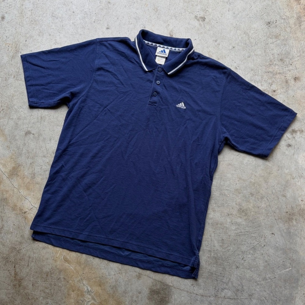 Adidas Vintage Navy Blue Polo Shirt Mens Large White Tipped Collar Embroidered